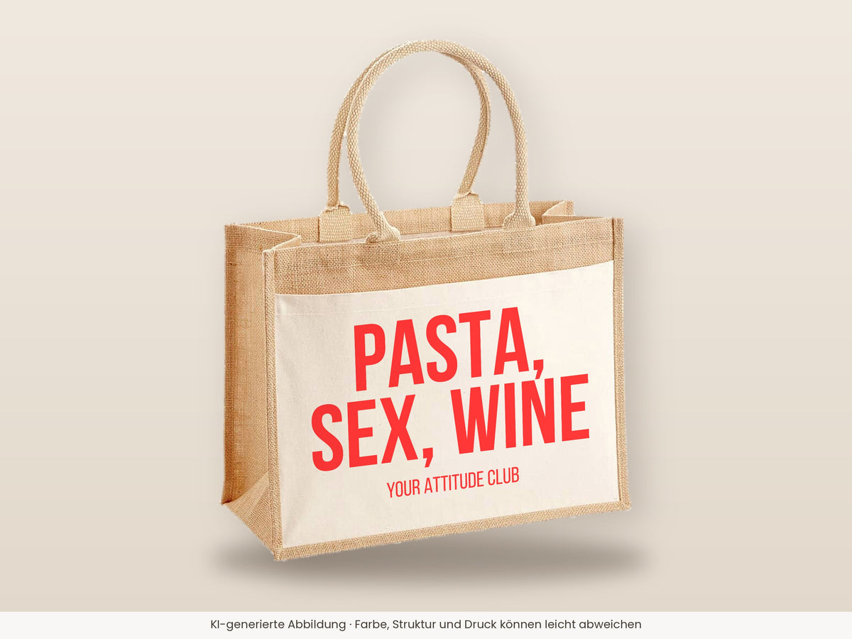 Pasta, sex, wine – Jutetasche mit Spruch, große Jutetasche, Detailansicht