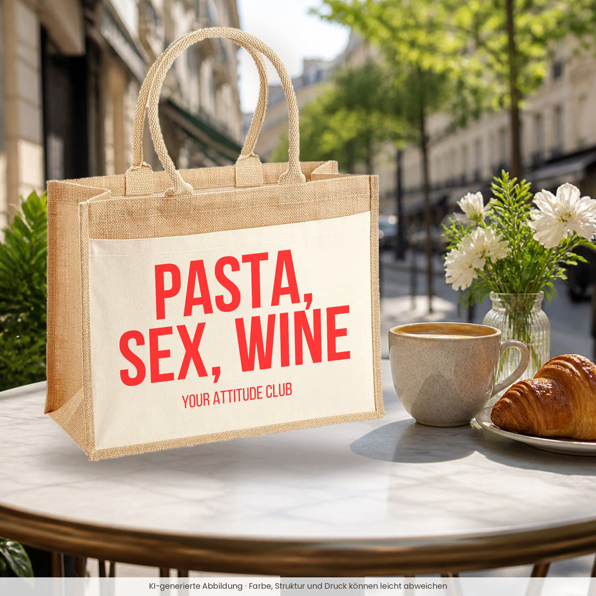 Pasta, sex, wine – Jutetasche mit Spruch, im Café