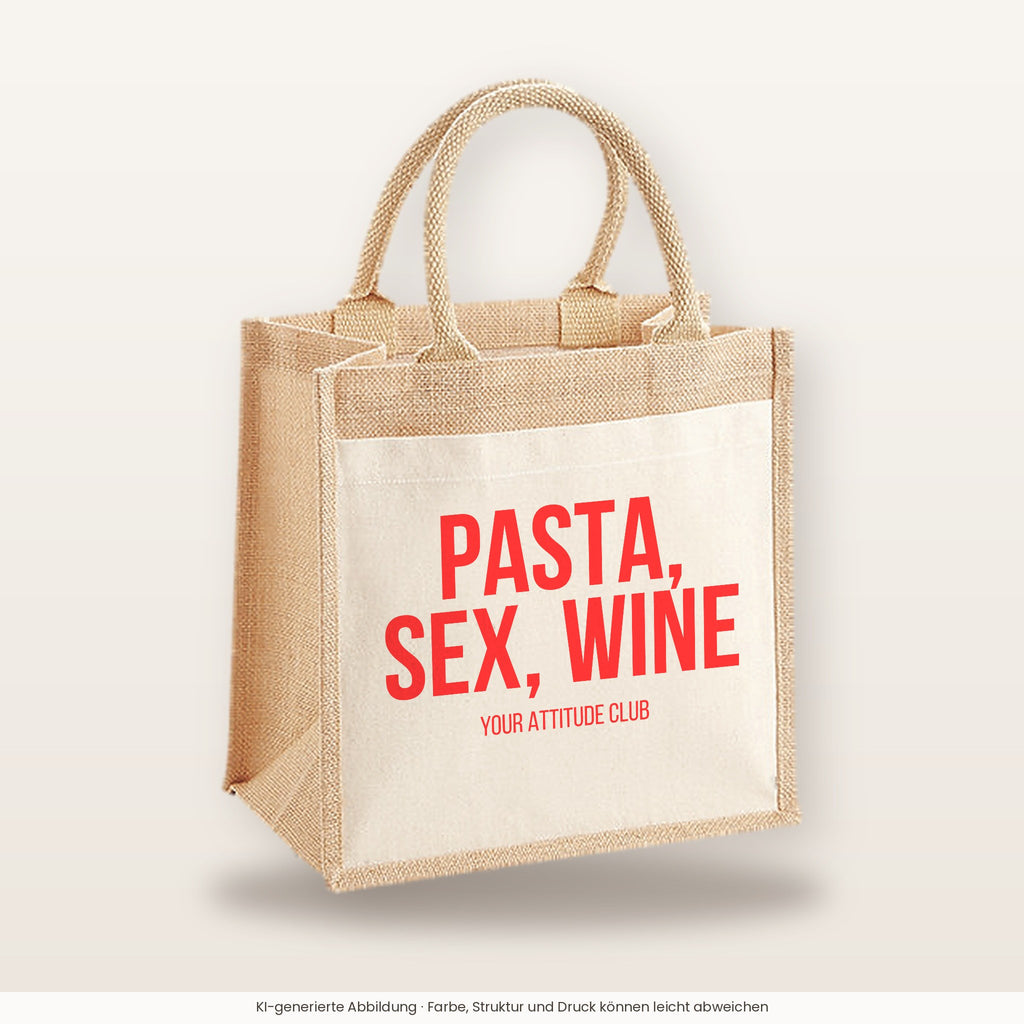 Pasta, sex, wine – Jutetasche mit Spruch, mittlere Jutetasche 30 × 30 cm