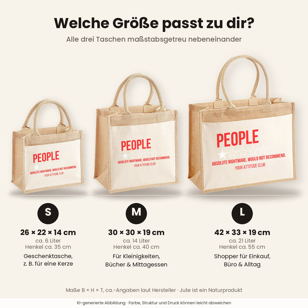 People – Absolute nightmare, would not recommend. – Jutetasche mit Spruch, Größenvergleich klein, mittel, groß