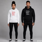 Plätzchen haben keine Kalorien. Das ist Tradition – Hoodie mit Frontprint, Frau in Weiß mit rotem und Mann in Schwarz mit weißem Aufdruck