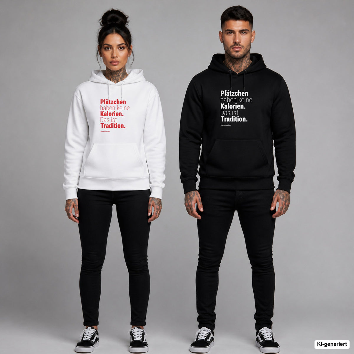 Plätzchen haben keine Kalorien. Das ist Tradition – Hoodie mit Frontprint, Frau in Weiß mit rotem und Mann in Schwarz mit weißem Aufdruck