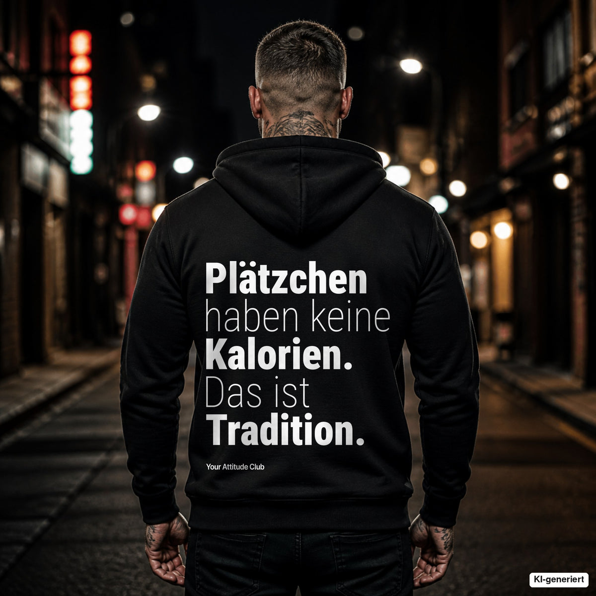 Plätzchen haben keine Kalorien. Das ist Tradition – schwarzer Hoodie mit weißem Backprint, Herren in der Stadt bei Nacht