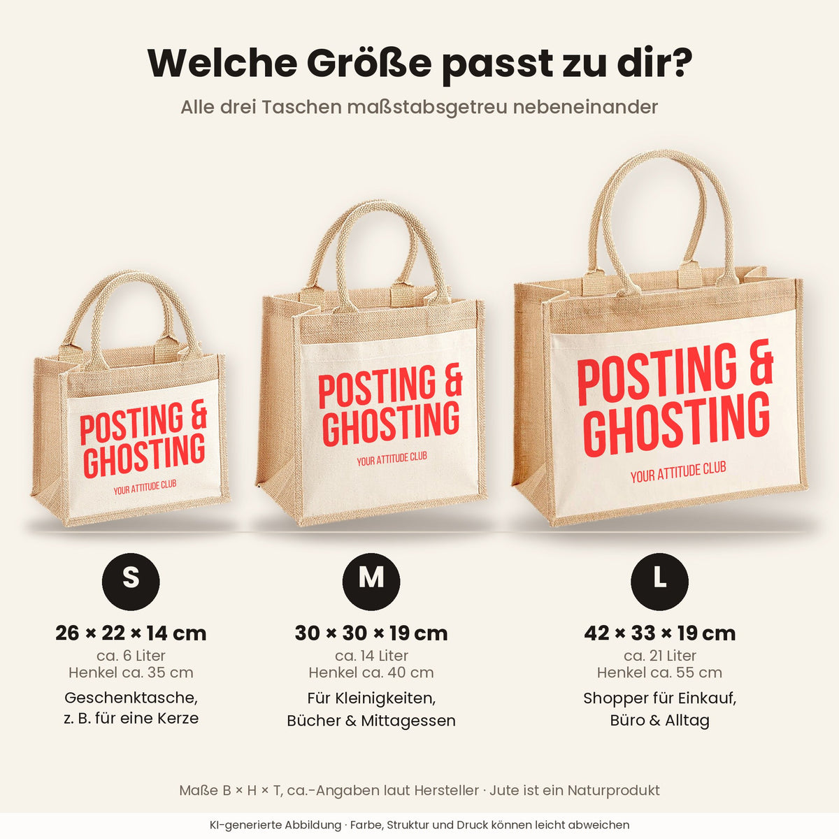 Posting & ghosting – Jutetasche mit Spruch, Größenvergleich klein, mittel, groß