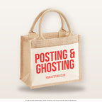 Posting & ghosting – Jutetasche mit Spruch, kleine Jutetasche 26 × 22 cm