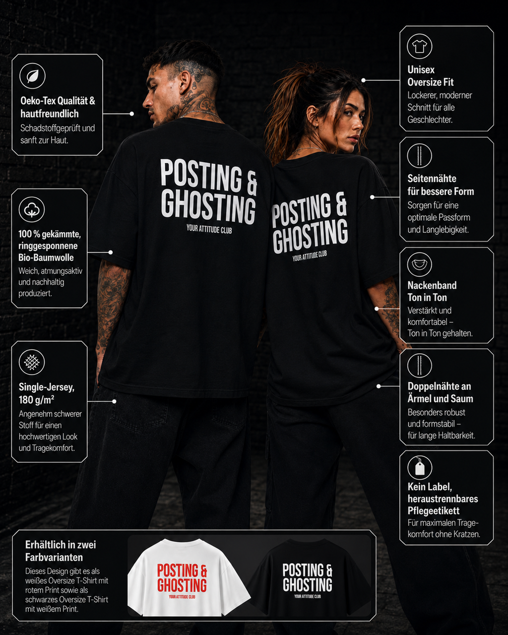 POSTING & GHOSTING – Unisex Oversize T-Shirt mit Backprint, lustiges Statement Shirt, moderne Streetwear, Geschenk für Frauen und Männer