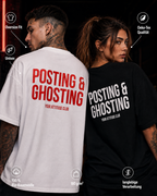 POSTING & GHOSTING – Unisex Oversize T-Shirt mit Backprint, lustiges Statement Shirt, moderne Streetwear, Geschenk für Frauen und Männer