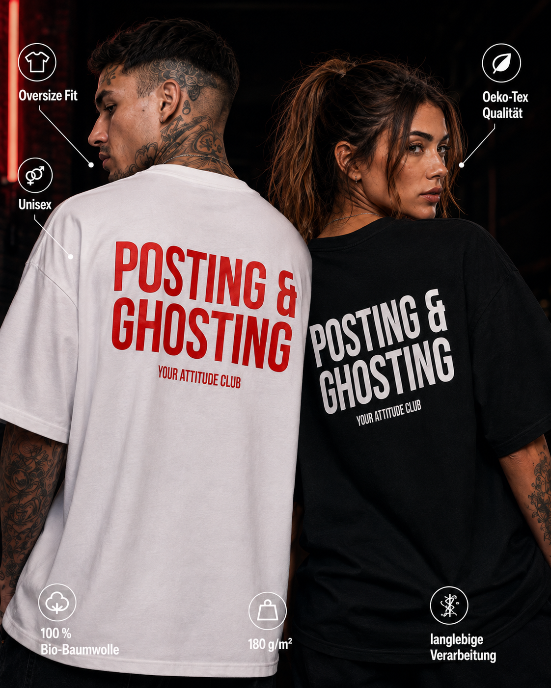 POSTING & GHOSTING – Unisex Oversize T-Shirt mit Backprint, lustiges Statement Shirt, moderne Streetwear, Geschenk für Frauen und Männer