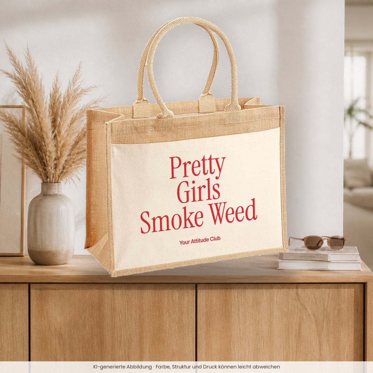Pretty Girls Smoke Weed – Jutetasche mit Spruch, auf dem Sideboard im Flur