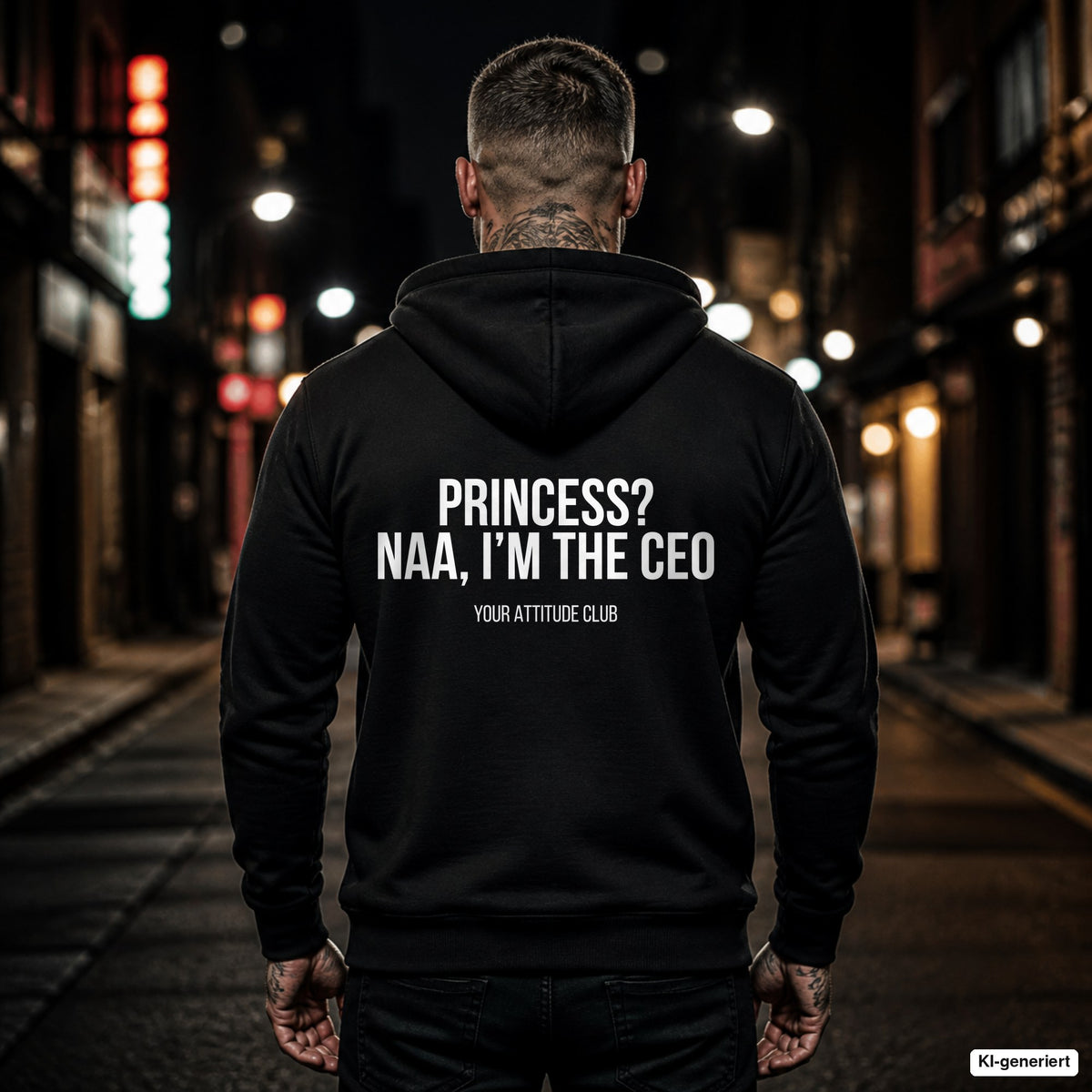 Princess naa, I’m the ceo – schwarzer Hoodie mit weißem Backprint, Herren in der Stadt bei Nacht