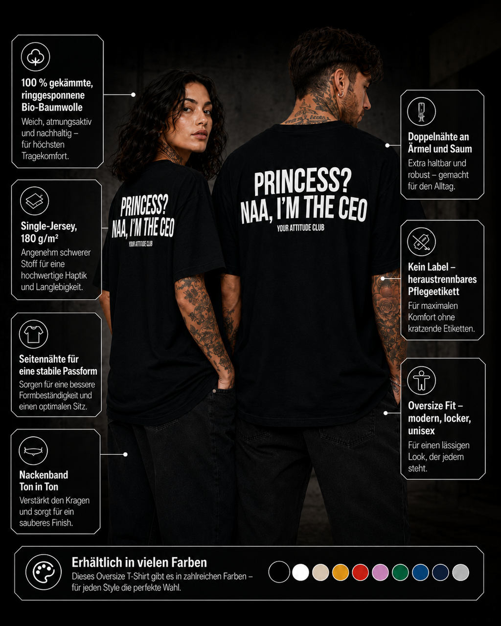 PRINCESS? NAA, I’M THE CEO – Unisex Oversize T-Shirt mit Backprint, selbstbewusstes Statement Shirt, Streetwear Geschenk für Frauen und Männer