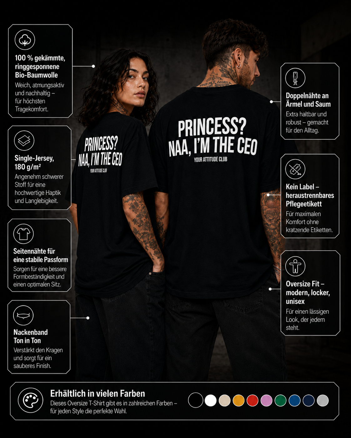 PRINCESS? NAA, I’M THE CEO – Unisex Oversize T-Shirt mit Backprint, selbstbewusstes Statement Shirt, Streetwear Geschenk für Frauen und Männer