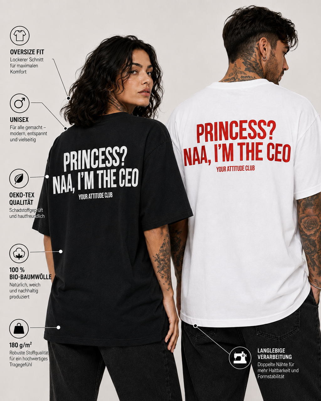 PRINCESS? NAA, I’M THE CEO – Unisex Oversize T-Shirt mit Backprint, selbstbewusstes Statement Shirt, Streetwear Geschenk für Frauen und Männer