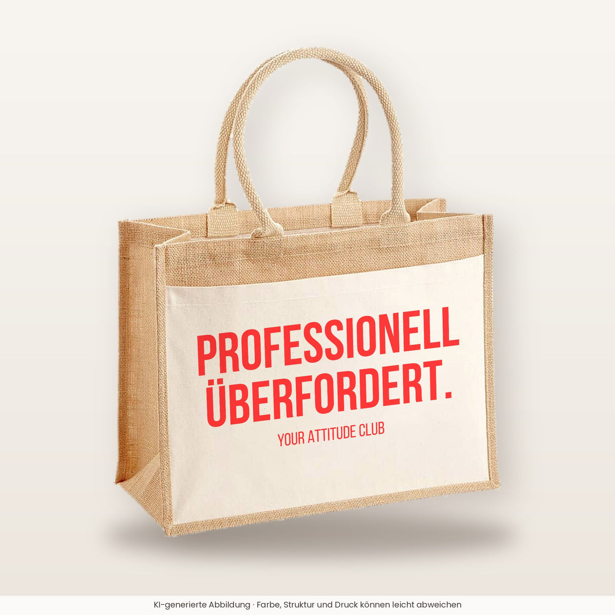 Professionell überfordert. – Jutetasche mit Spruch, große Jutetasche, Produktansicht
