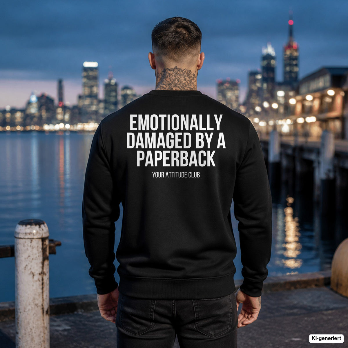 Emotionally damaged by a paperback – schwarzer Pullover mit weißem Backprint, Herren am Hafen