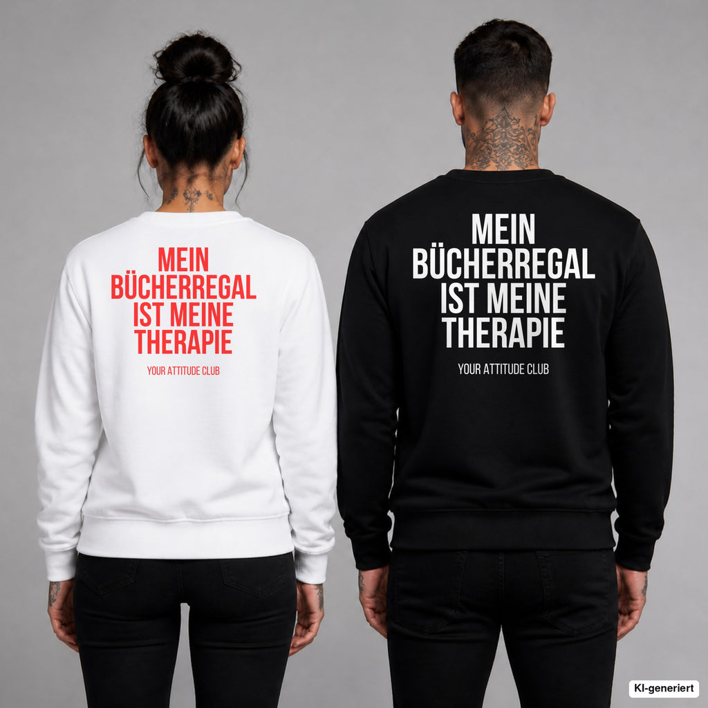 Mein Bücherregal ist meine Therapie – Pullover mit Backprint, Frau in Weiß mit rotem und Mann in Schwarz mit weißem Aufdruck