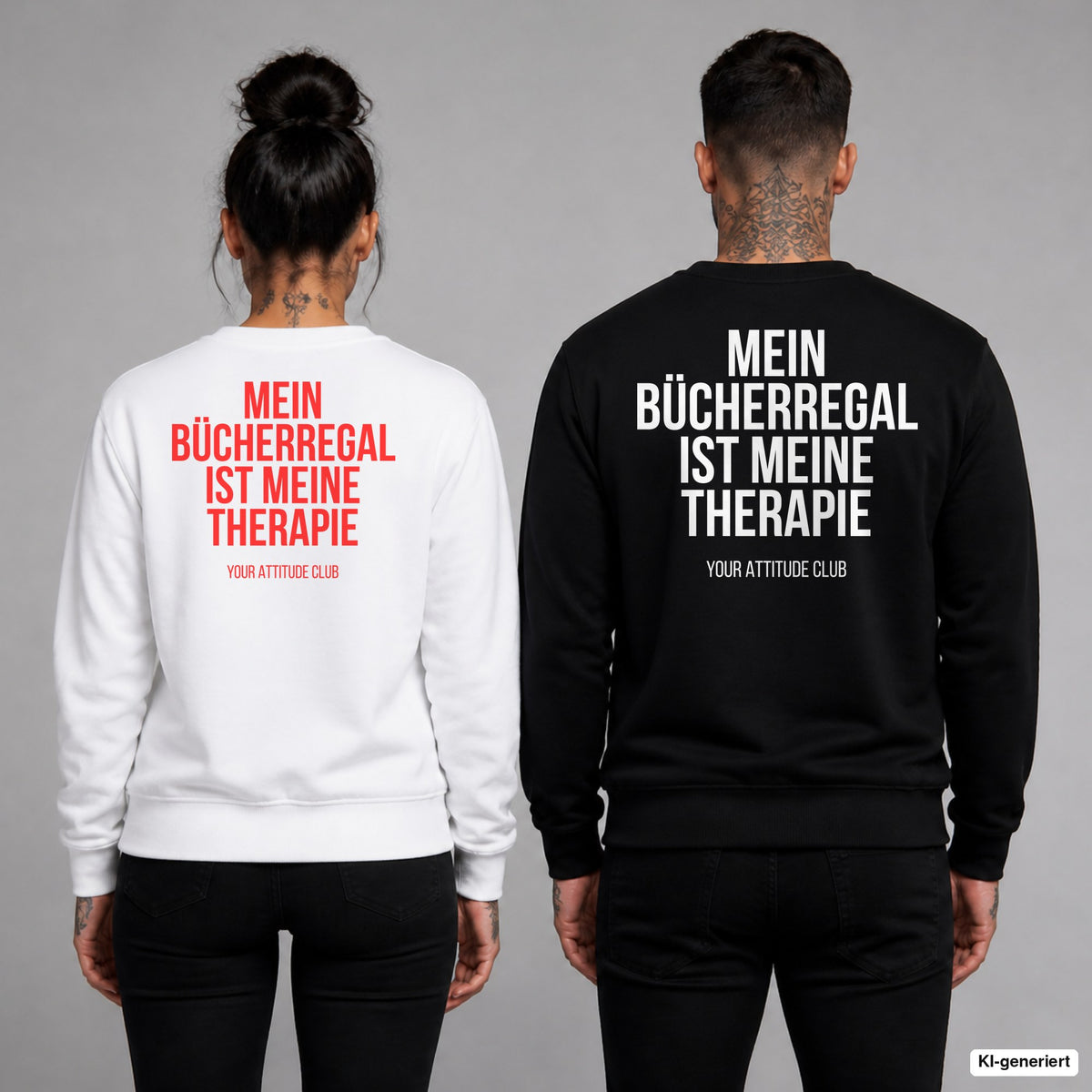 Mein Bücherregal ist meine Therapie – Pullover mit Backprint, Frau in Weiß mit rotem und Mann in Schwarz mit weißem Aufdruck