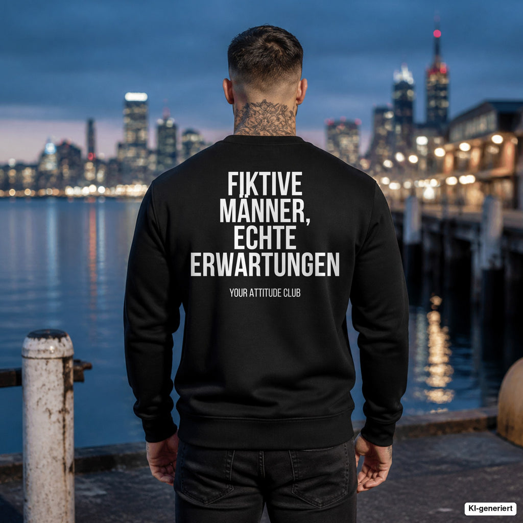 Fiktive Männer, echte Erwartungen – schwarzer Pullover mit weißem Backprint, Herren am Hafen