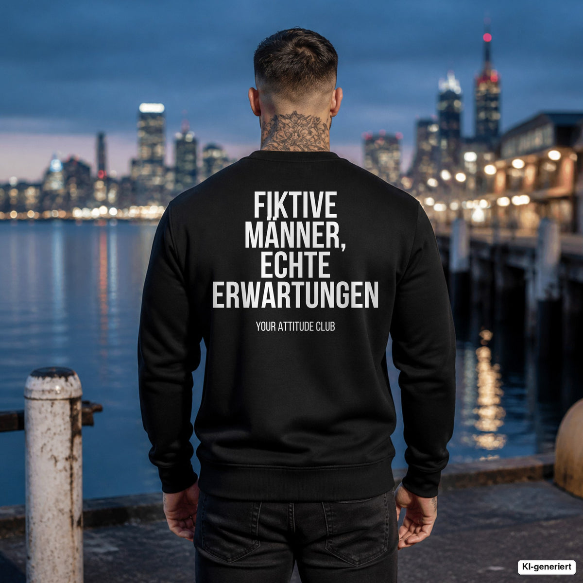 Fiktive Männer, echte Erwartungen – schwarzer Pullover mit weißem Backprint, Herren am Hafen