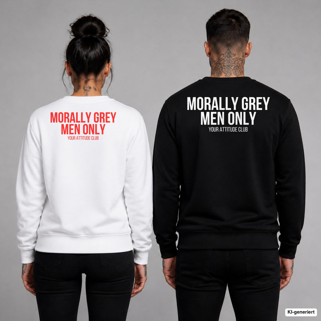 Morally grey men only – Pullover mit Backprint, Frau in Weiß mit rotem und Mann in Schwarz mit weißem Aufdruck