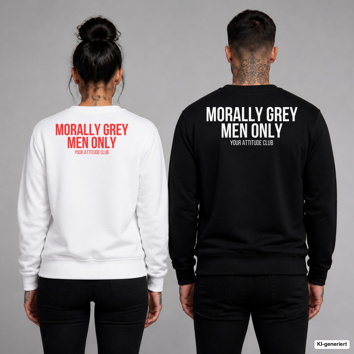 Morally grey men only – Pullover mit Backprint, Frau in Weiß mit rotem und Mann in Schwarz mit weißem Aufdruck