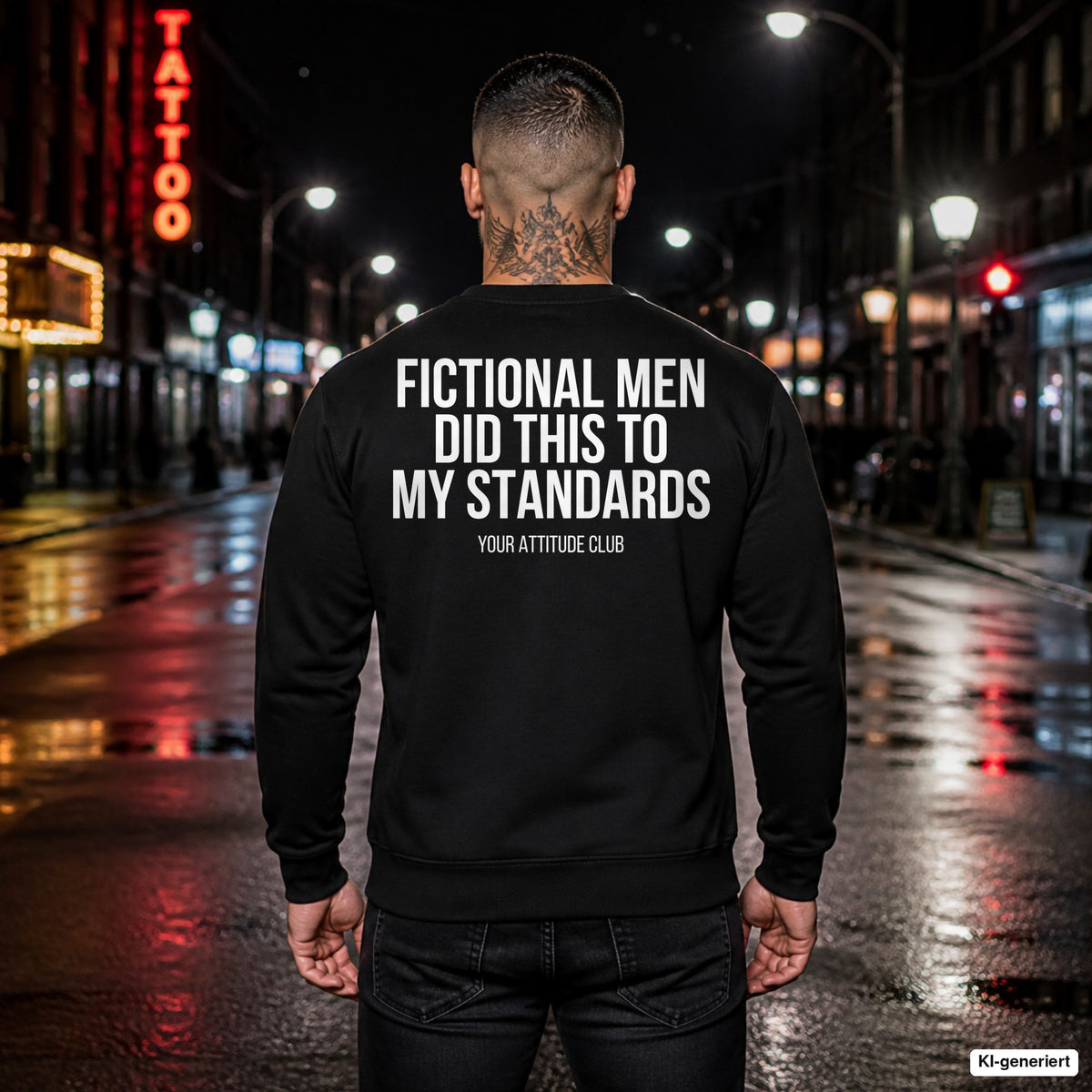 Fictional men did this to my standards – schwarzer Pullover mit weißem Backprint, Herren in der Stadt bei Nacht