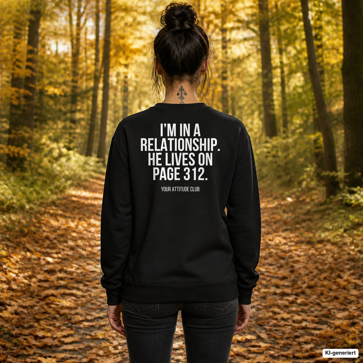 I’m in a relationship. He lives on page 312. – schwarzer Pullover mit weißem Backprint, Damen beim Herbstspaziergang