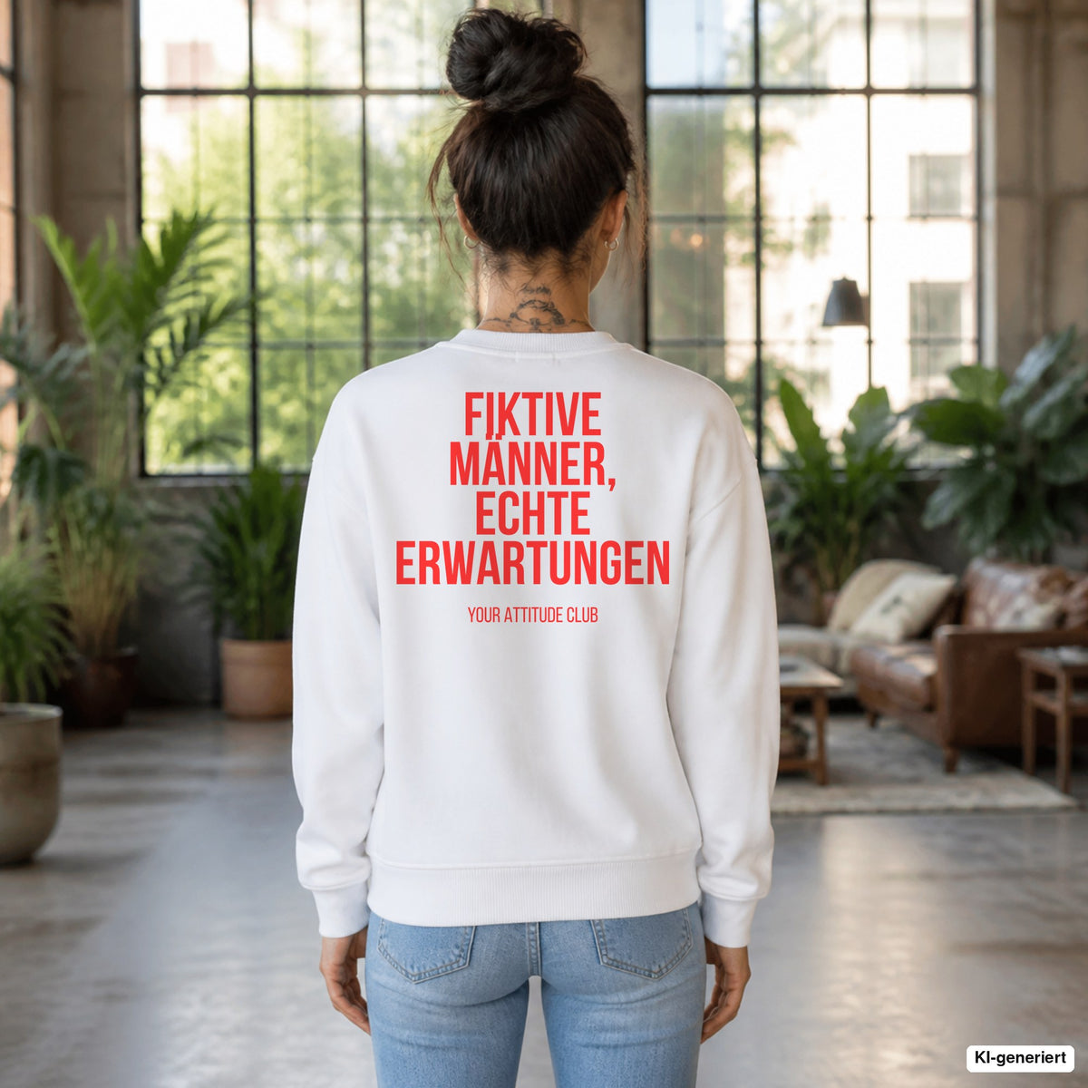 Fiktive Männer, echte Erwartungen – weißer Pullover mit rotem Backprint, Damen im Loft