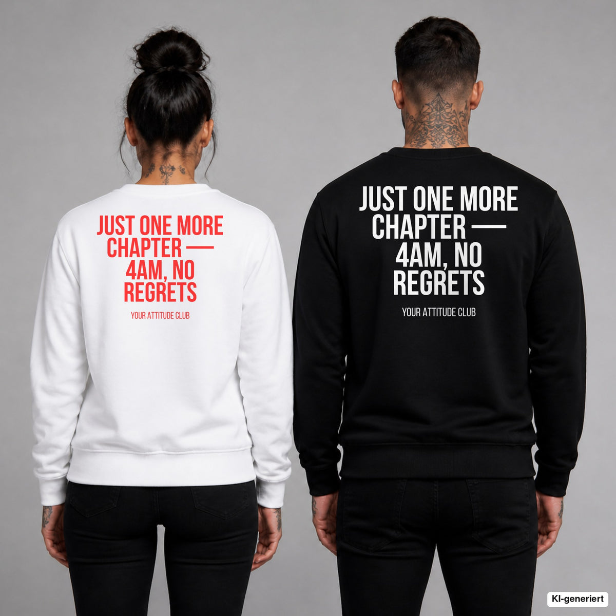 Just one more chapter — 4AM, no regrets – Pullover mit Backprint, Frau in Weiß mit rotem und Mann in Schwarz mit weißem Aufdruck