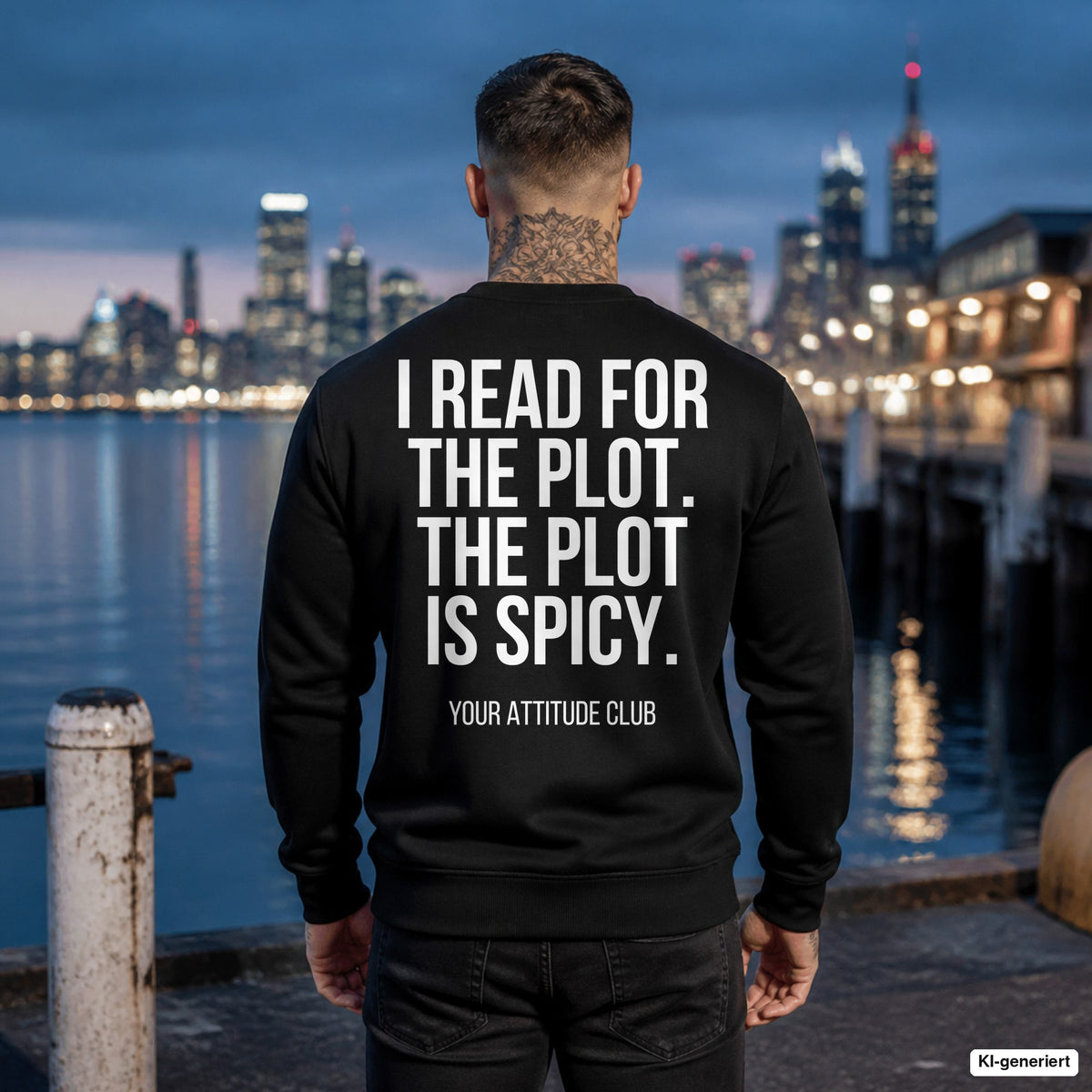 I read for the plot. The plot is spicy. – schwarzer Pullover mit weißem Backprint, Herren am Hafen