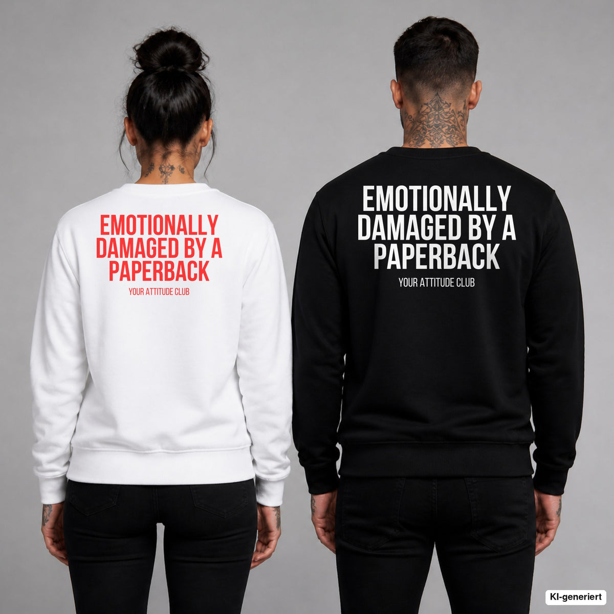 Emotionally damaged by a paperback – Pullover mit Backprint, Frau in Weiß mit rotem und Mann in Schwarz mit weißem Aufdruck