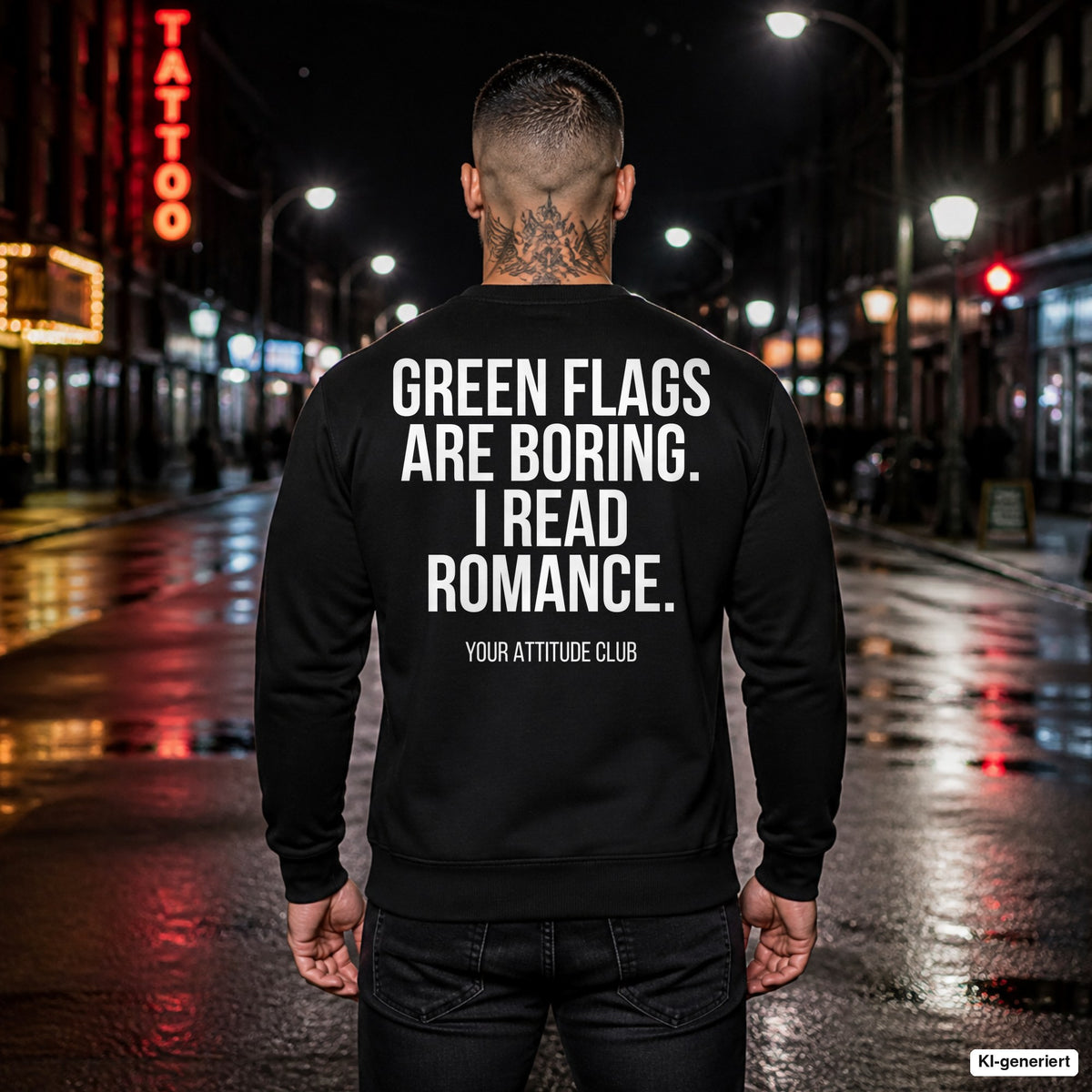 Green flags are boring. I read romance. – schwarzer Pullover mit weißem Backprint, Herren in der Stadt bei Nacht