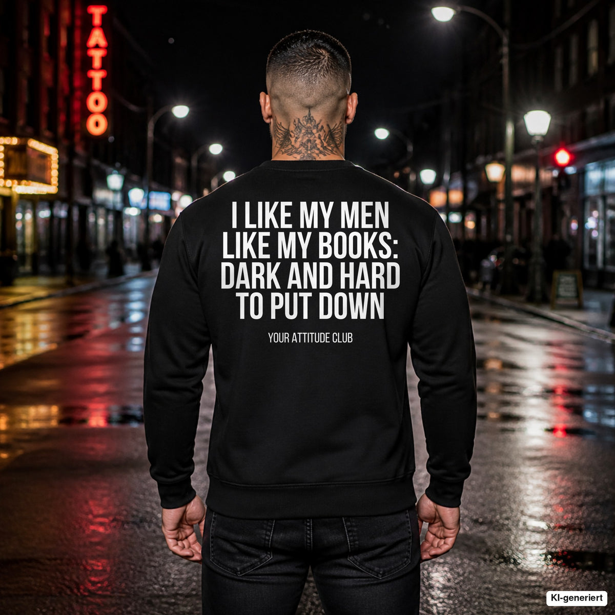 I like my men like my books: dark and hard to put down – schwarzer Pullover mit weißem Backprint, Herren in der Stadt bei Nacht