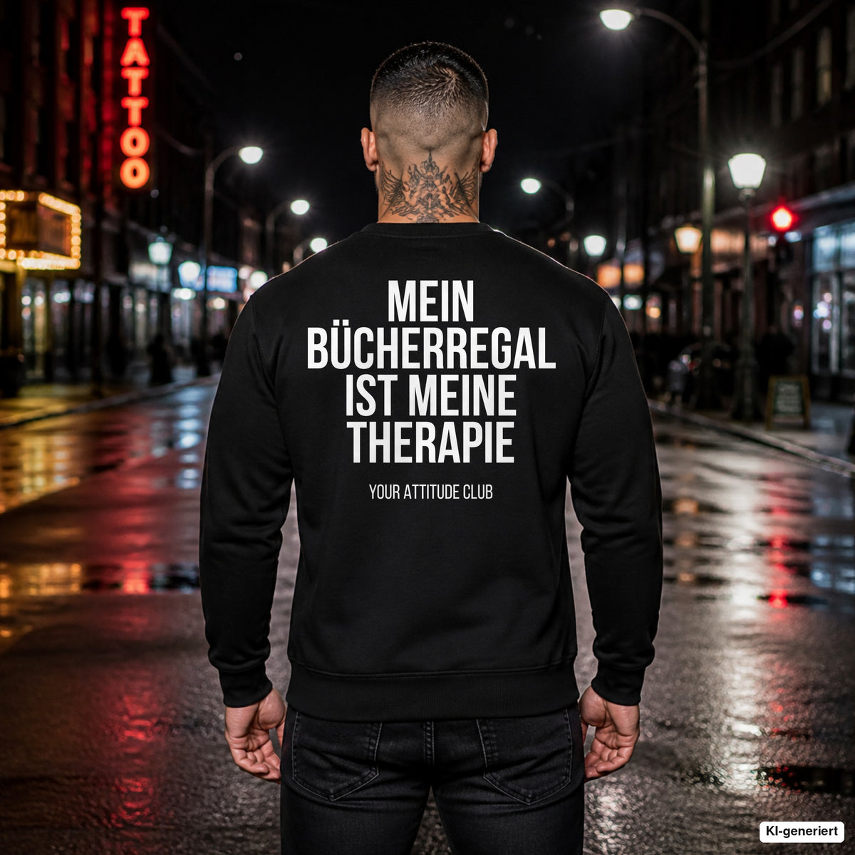 Mein Bücherregal ist meine Therapie – schwarzer Pullover mit weißem Backprint, Herren in der Stadt bei Nacht