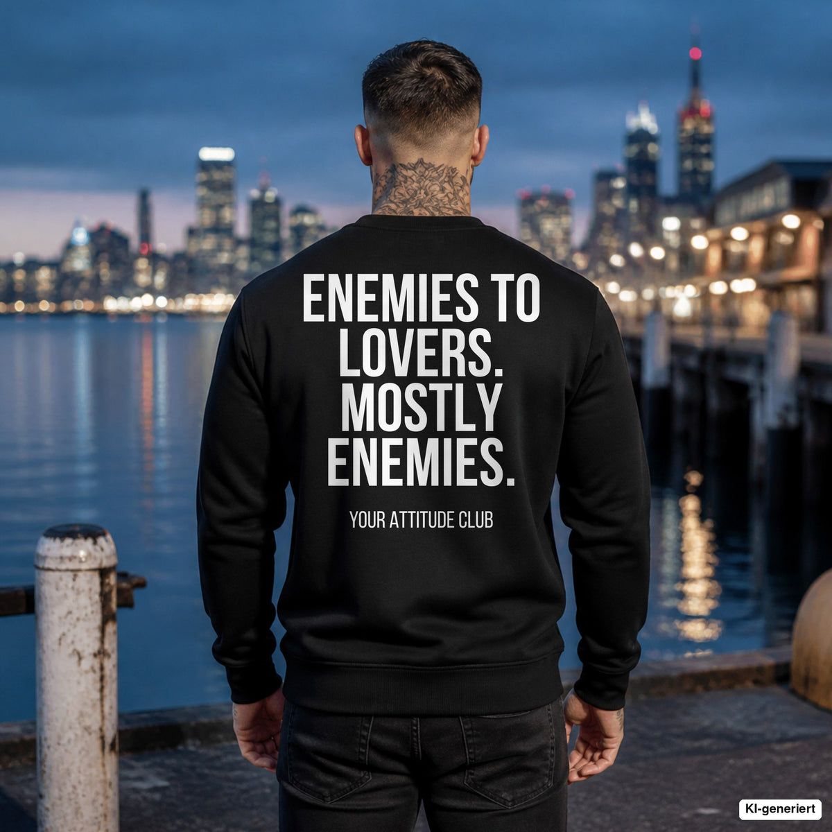 Enemies to lovers. Mostly enemies. – schwarzer Pullover mit weißem Backprint, Herren am Hafen