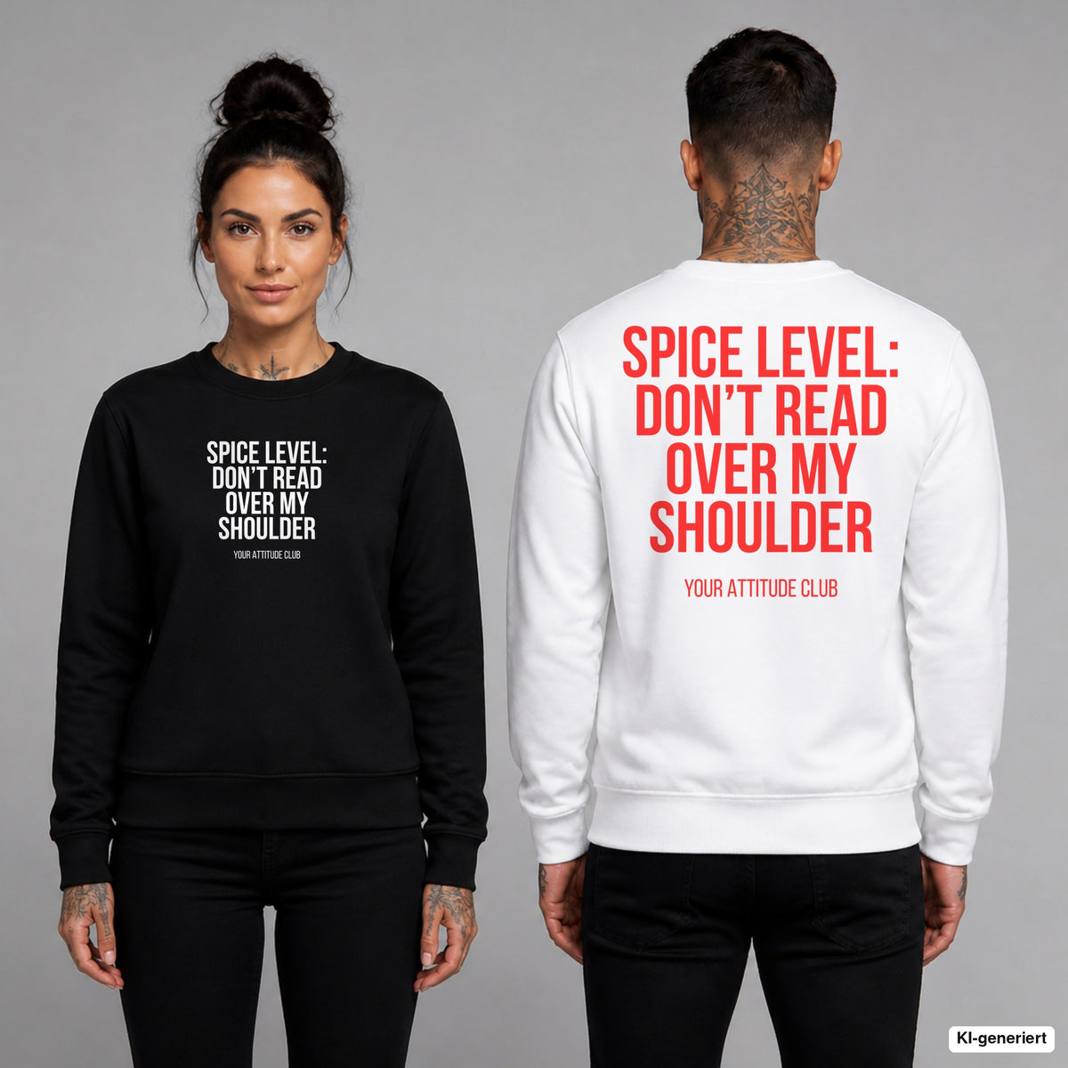 Spice level: don’t read over my shoulder – Pullover unisex mit Frontprint (Frau, Schwarz) und Backprint (Mann, Weiß)
