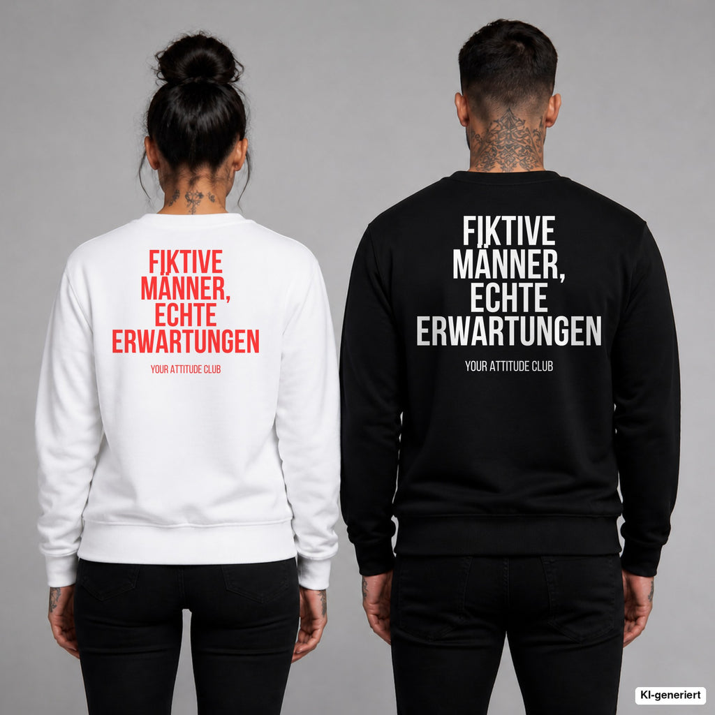 Fiktive Männer, echte Erwartungen – Pullover mit Backprint, Frau in Weiß mit rotem und Mann in Schwarz mit weißem Aufdruck