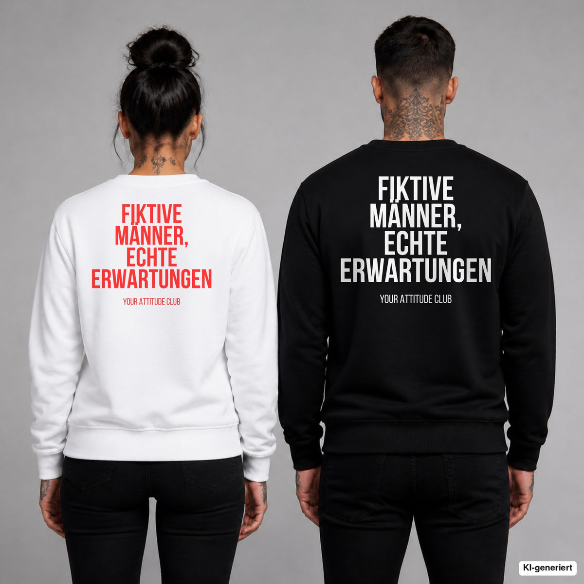 Fiktive Männer, echte Erwartungen – Pullover mit Backprint, Frau in Weiß mit rotem und Mann in Schwarz mit weißem Aufdruck