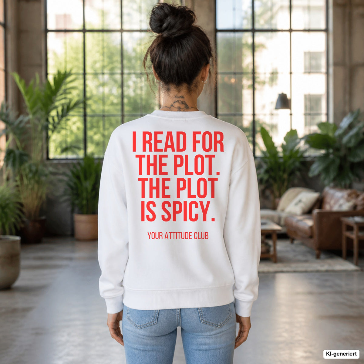 I read for the plot. The plot is spicy. – weißer Pullover mit rotem Backprint, Damen im Loft