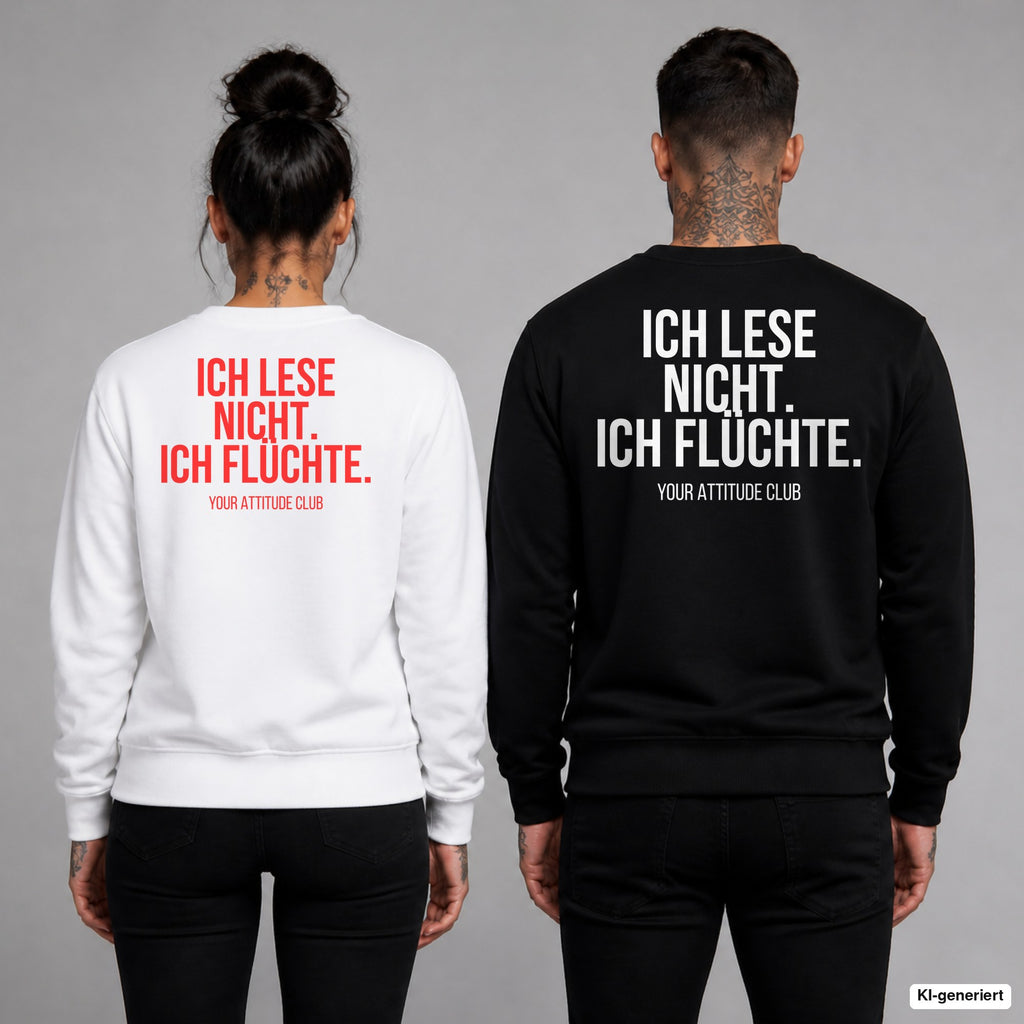 Ich lese nicht. Ich flüchte. – Pullover mit Backprint, Frau in Weiß mit rotem und Mann in Schwarz mit weißem Aufdruck