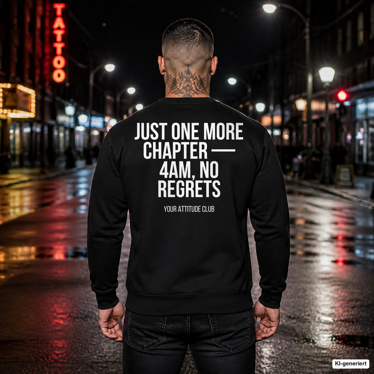 Just one more chapter — 4AM, no regrets – schwarzer Pullover mit weißem Backprint, Herren in der Stadt bei Nacht