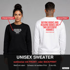 Buying books and reading books are two different hobbies – Pullover wahlweise mit Frontprint oder Backprint – Frau vorne in Schwarz, Mann hinten in Weiß