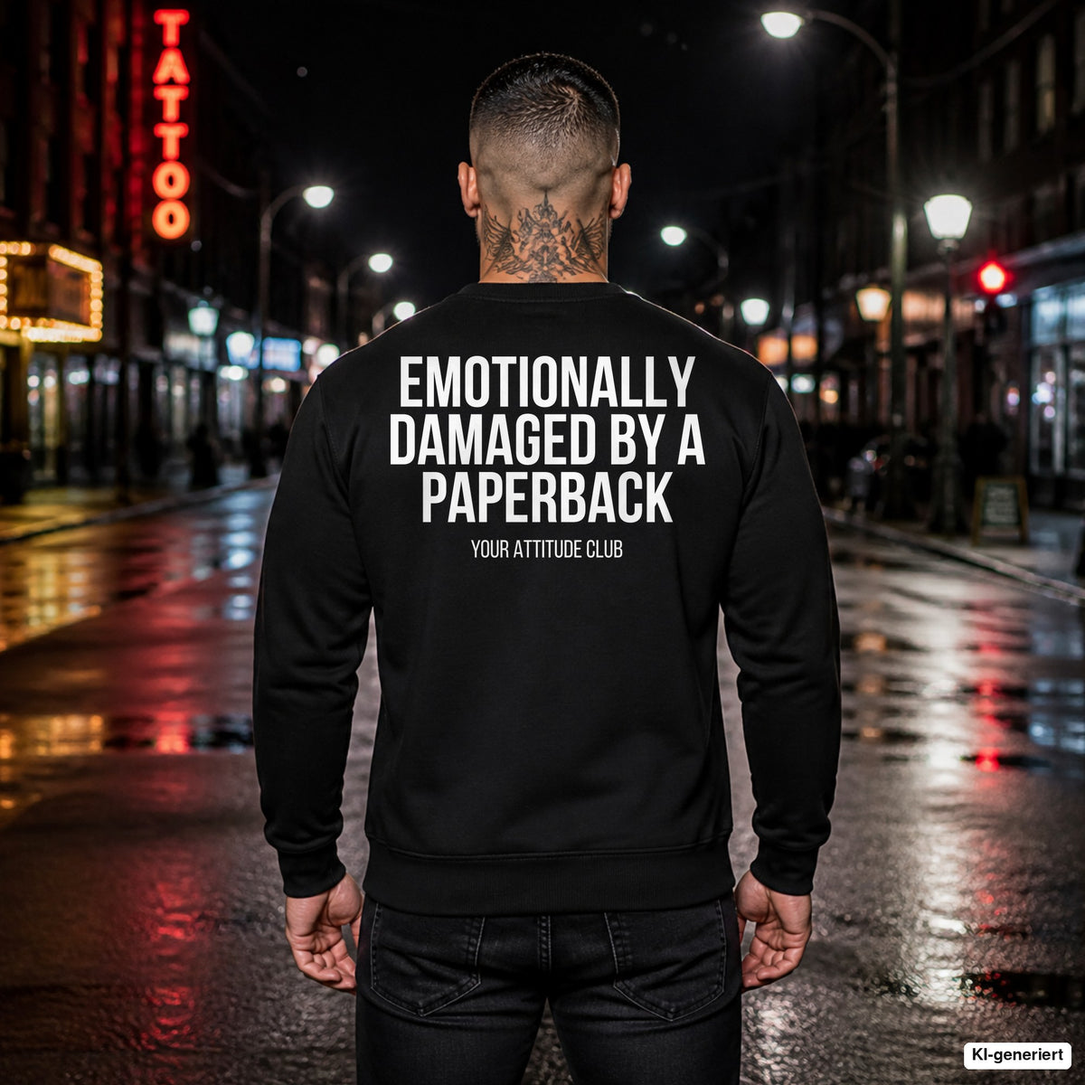 Emotionally damaged by a paperback – schwarzer Pullover mit weißem Backprint, Herren in der Stadt bei Nacht