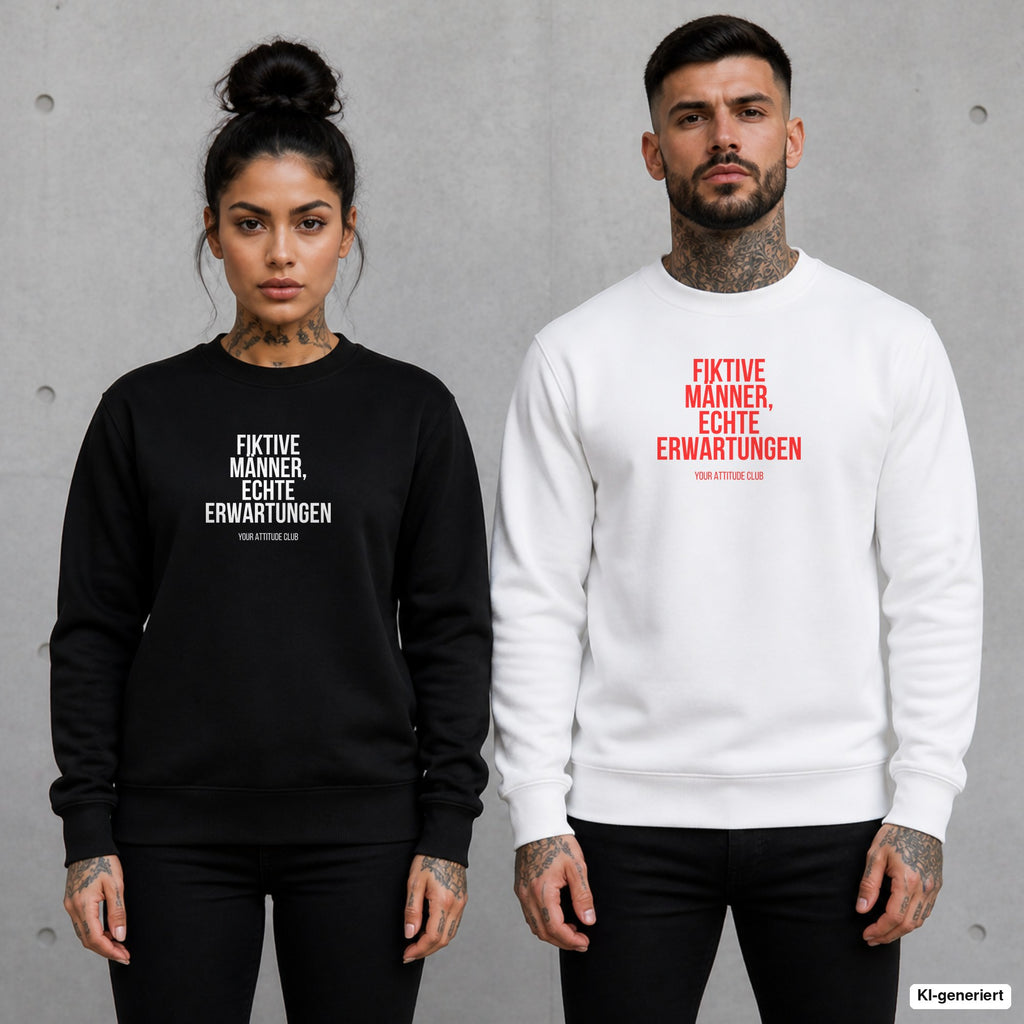 Fiktive Männer, echte Erwartungen – Pullover mit Frontprint, Frau in Schwarz und Mann in Weiß vor Betonwand