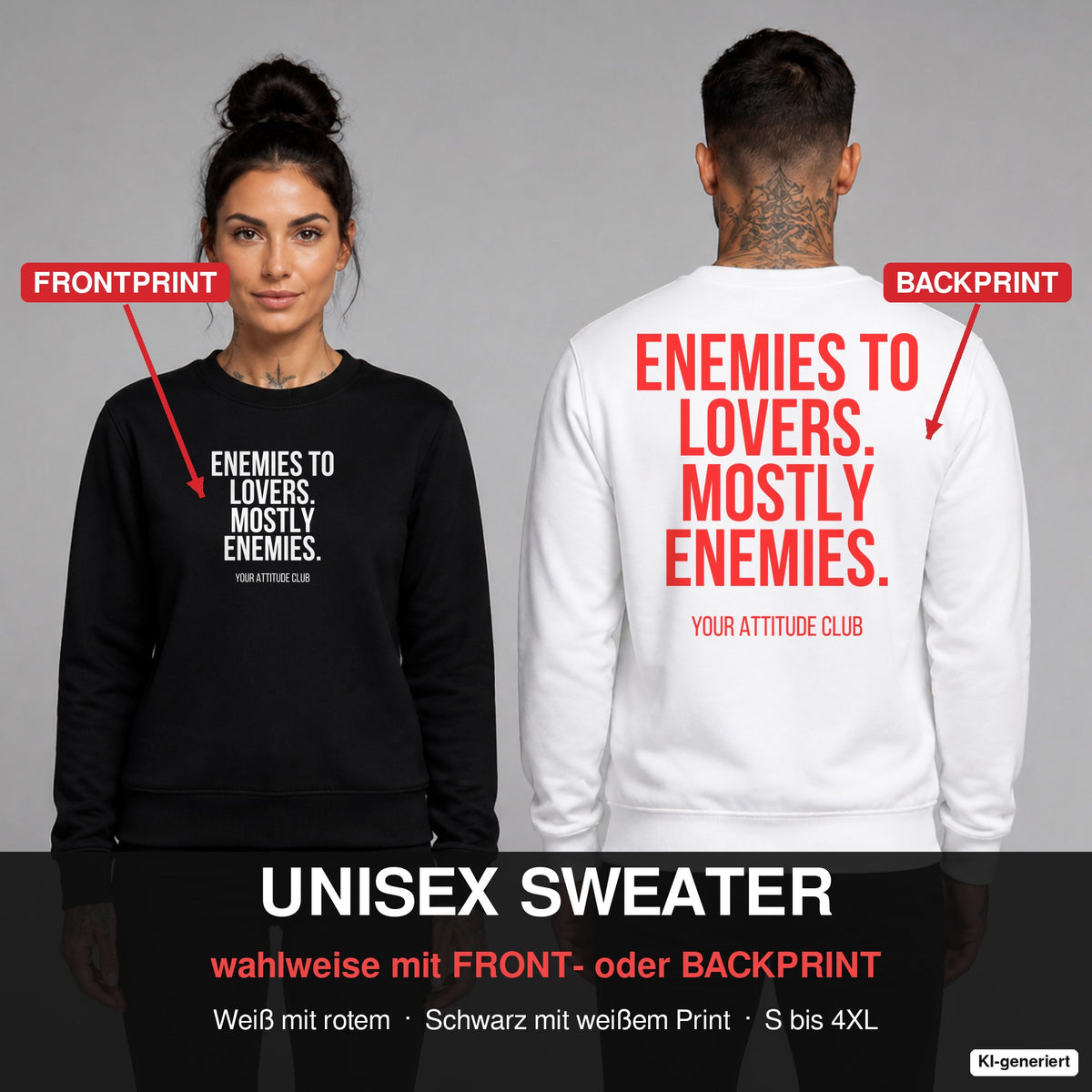 Enemies to lovers. Mostly enemies. – Pullover wahlweise mit Frontprint oder Backprint – Frau vorne in Schwarz, Mann hinten in Weiß