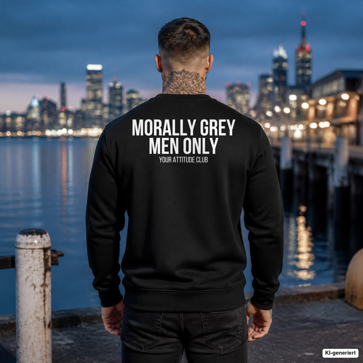 Morally grey men only – schwarzer Pullover mit weißem Backprint, Herren am Hafen