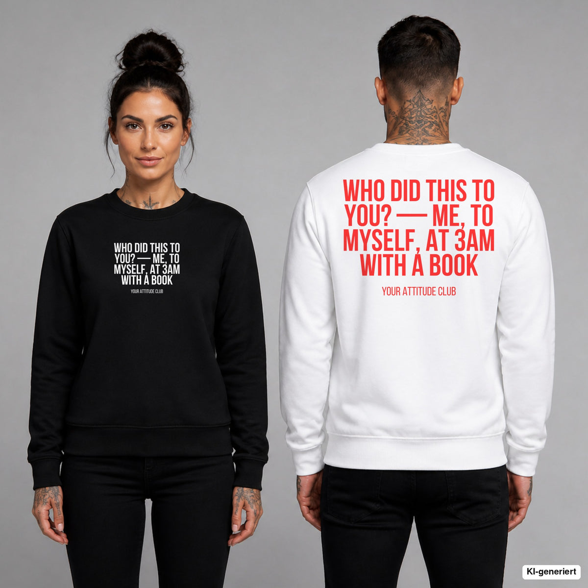 Who did this to you? — Me, to myself, at 3AM with a book – Pullover unisex mit Frontprint (Frau, Schwarz) und Backprint (Mann, Weiß)