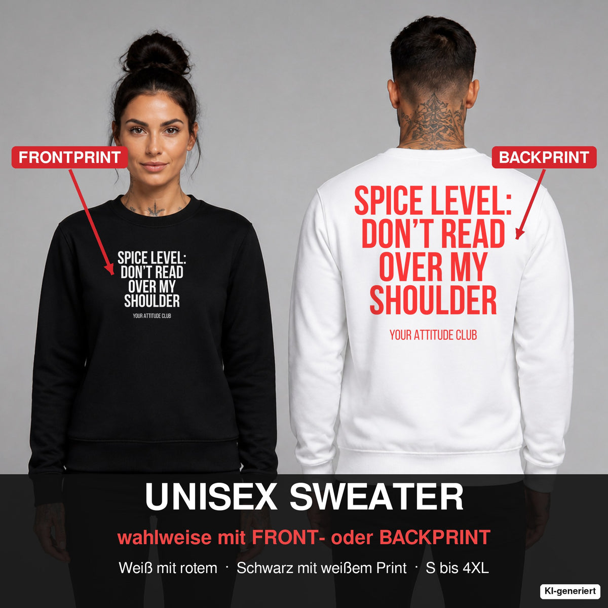 Spice level: don’t read over my shoulder – Pullover wahlweise mit Frontprint oder Backprint – Frau vorne in Schwarz, Mann hinten in Weiß