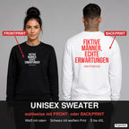 Fiktive Männer, echte Erwartungen – Pullover wahlweise mit Frontprint oder Backprint – Frau vorne in Schwarz, Mann hinten in Weiß