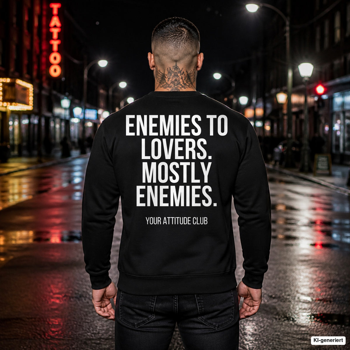 Enemies to lovers. Mostly enemies. – schwarzer Pullover mit weißem Backprint, Herren in der Stadt bei Nacht